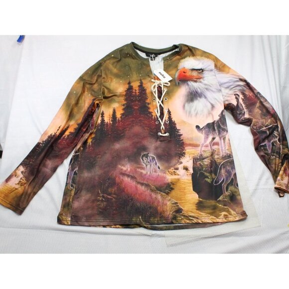 NWT Long Sleeve Graphic Tee With Wolves & Eagle Print By Ouku - Picture 1 of 9